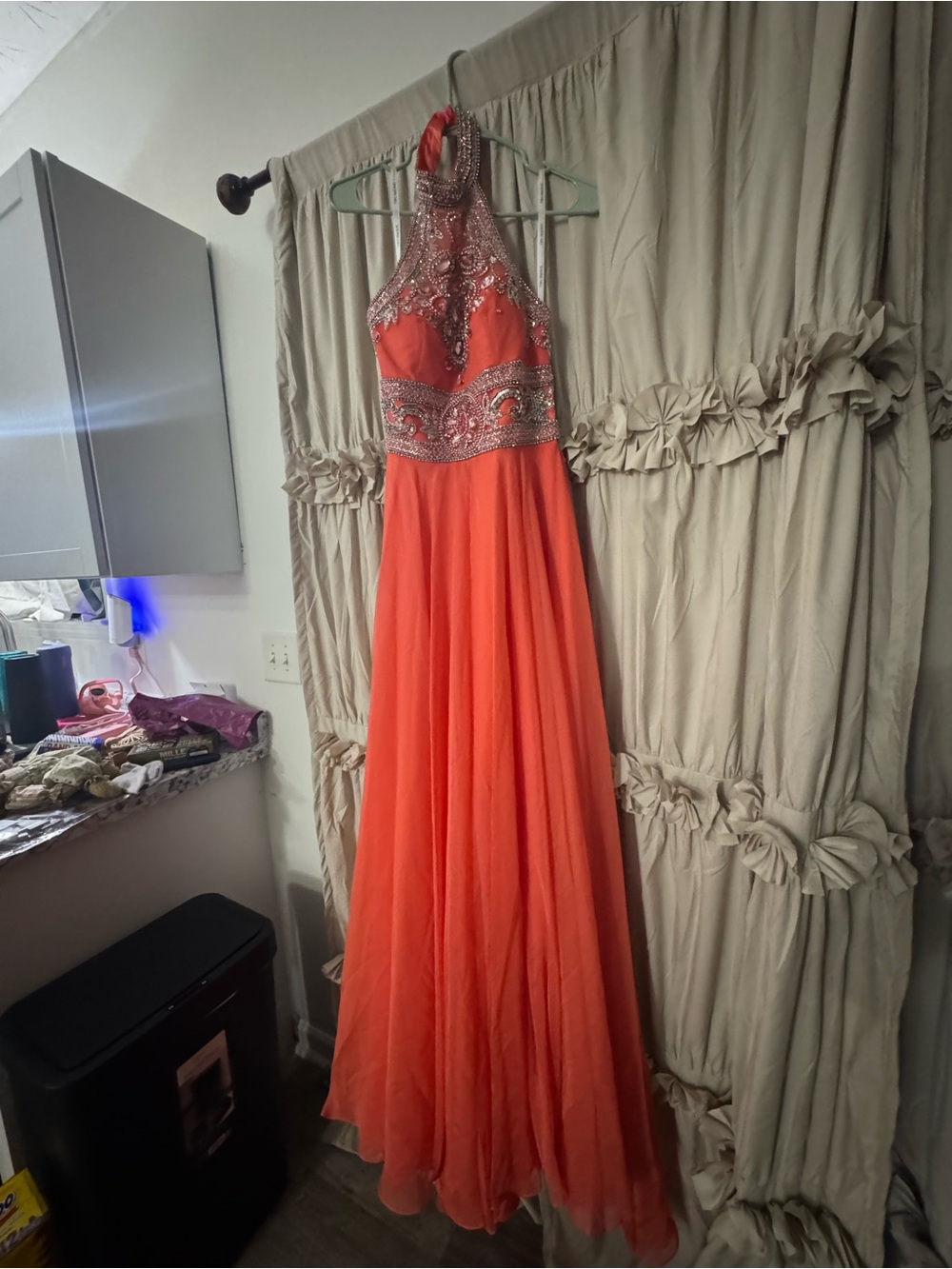 Sherri Hill Coral Halter Beaded Prom Dress